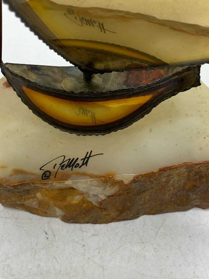 VTG BRASS SAIL BOAT ON ROCK SLAB SIGNED DEMOTT W/ TAGS.