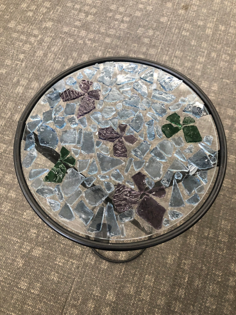 METAL PLANT STAND W/MOSAIC GLASS TOP.