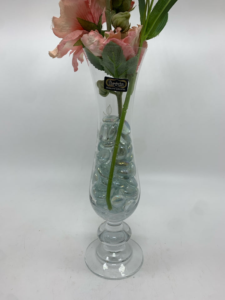 FAUX WHITE/PINK FLOWERS IN CLEAR ETCHED VASE.