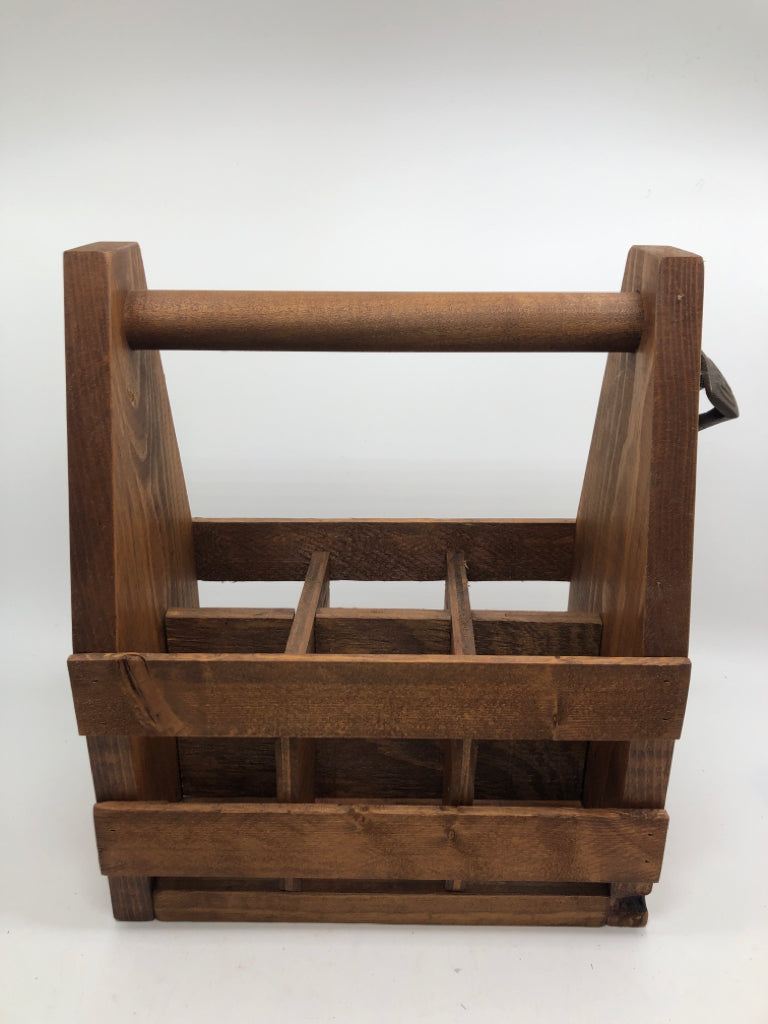 WOOD BOTTLE CRATE W/BOTTLE OPENER.