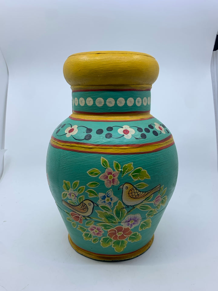 TEAL AND YELLOW BIRD PAINTED METAL VASE.