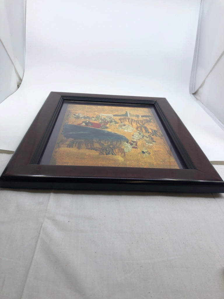 ASIAN STYLE WALL ART IN DARK BROWN FRAME HISTORY ON BACK.