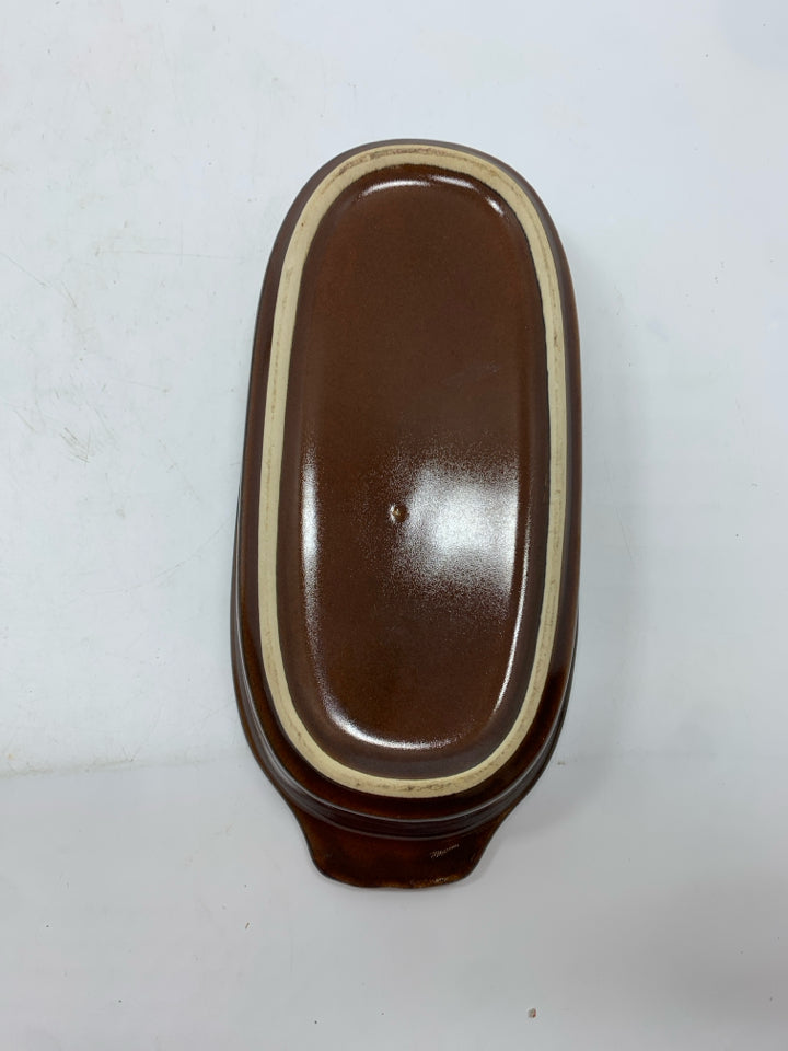 BROWN GLAZED CERAMIC OBLONG DISH.