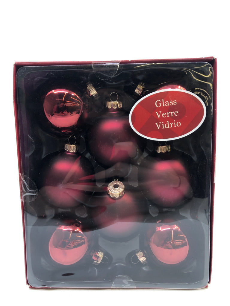 NIP 8 MAROON GLASS ORNAMENTS.