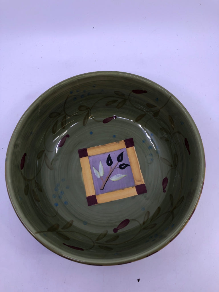 ROUND GREEN/YELLOW RED BLOCK BRANCHES SERVING BOWL.