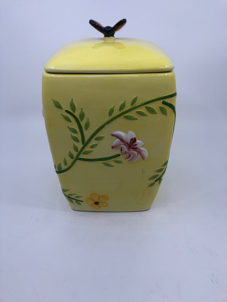 YELLOW FLORAL W BUTTERFLY CANISTER.