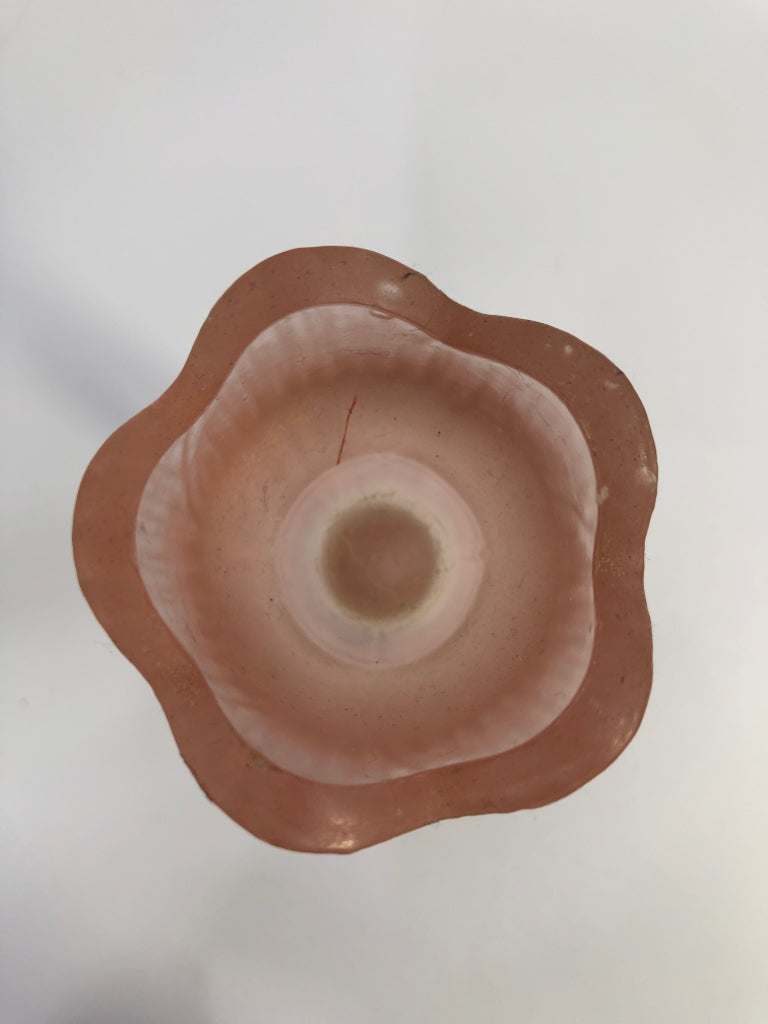 VTG PINK TINTED FROSTED FLOWER CANDLE HOLDER.