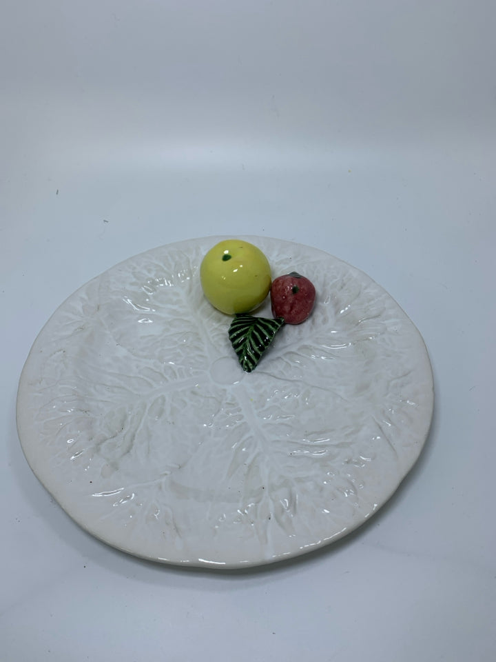 CABBAGE LEAF DESIGN PLATE W/ 3D STRAWBERRY/YELLOW APPLE PLATE MADE IN PORTUGAL.