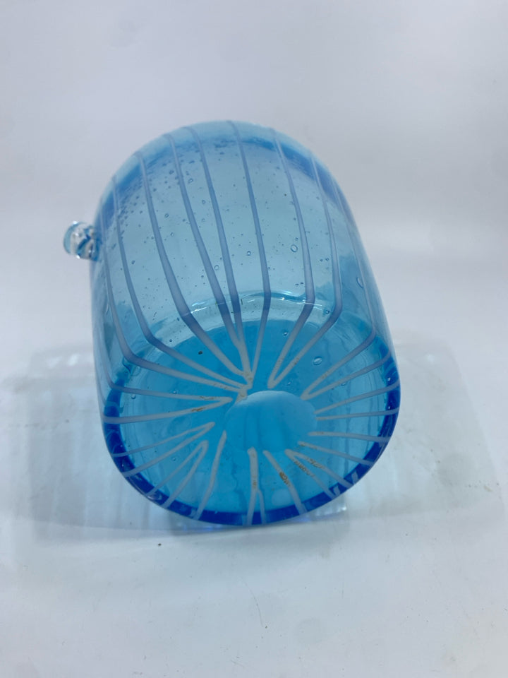 BLUE GLASS SMALL ICE BUCKET W/WHITE LINES.