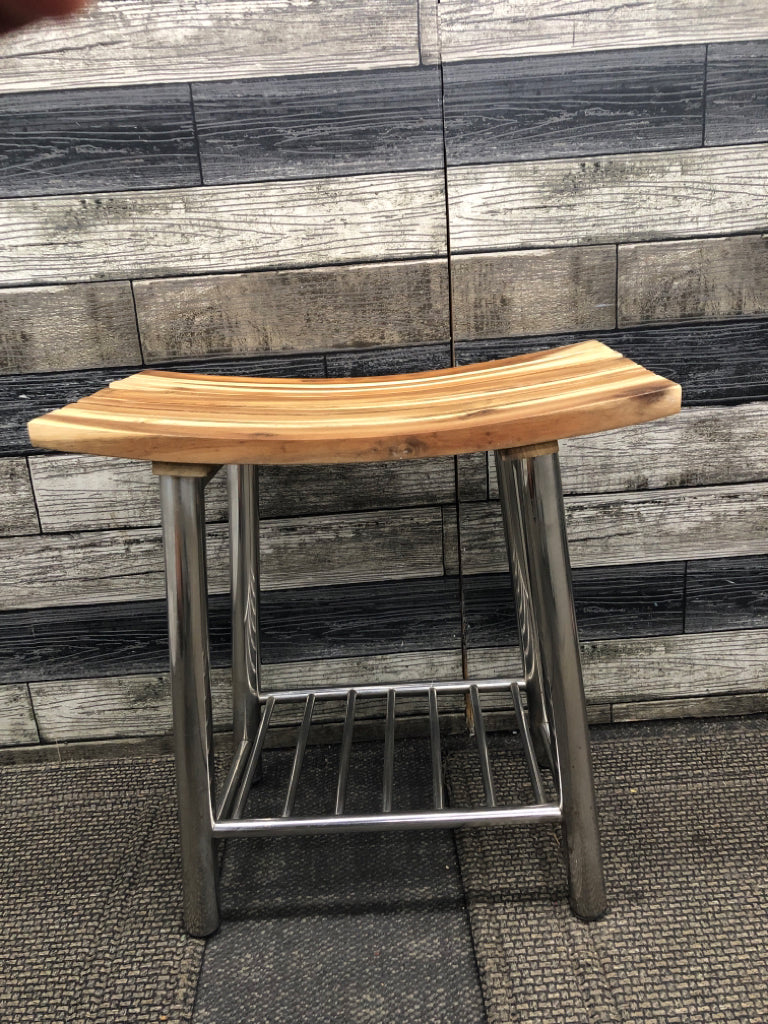 WOODEN STOOL W/SILVER METAL LEGS.