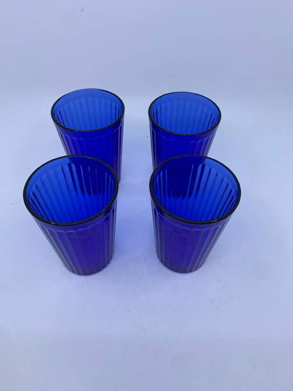 4 IKEA COBALT BLUE RIBBED JUICE GLASSES.