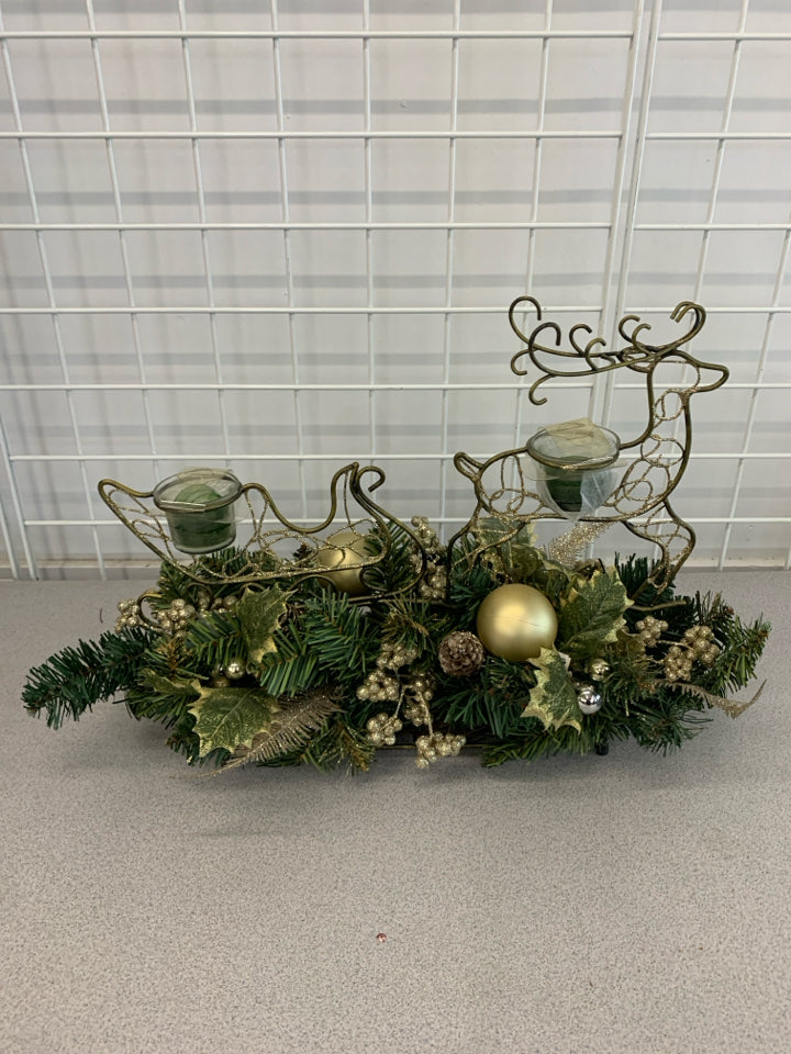 GOLD WIRE REINDEER/SLED CANDLE HOLDER CENTERPIECE.