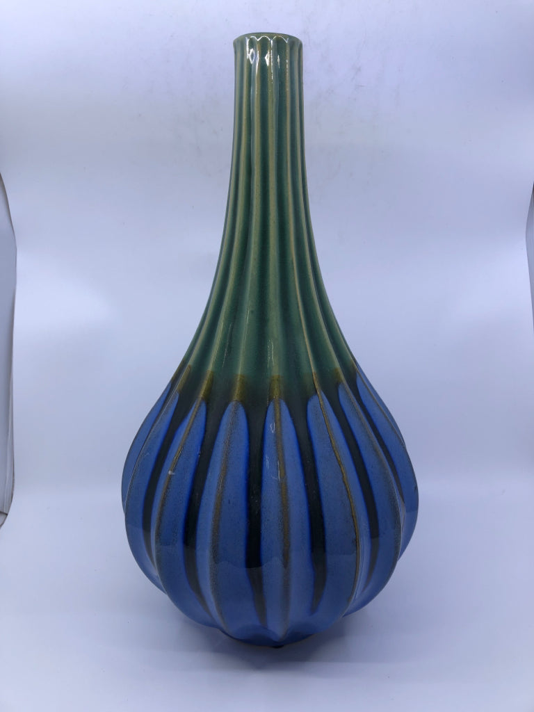 BLUE & GREEN RIBBED TALL VASE-PIER 1.