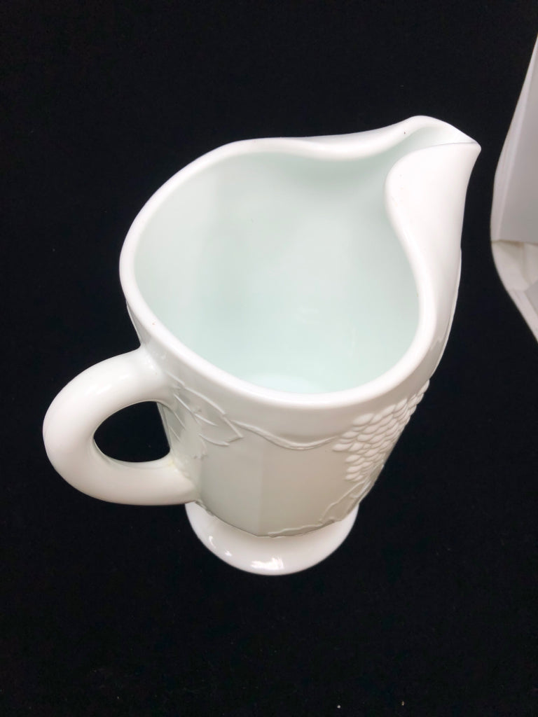 VTG EMBOSSED GRAPES MILK GLASS PITCHER.