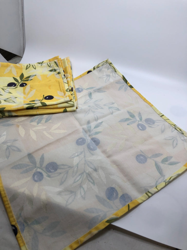 5PC NAPKINS YELLOW W/PURPLE OLIVE DESIGN.