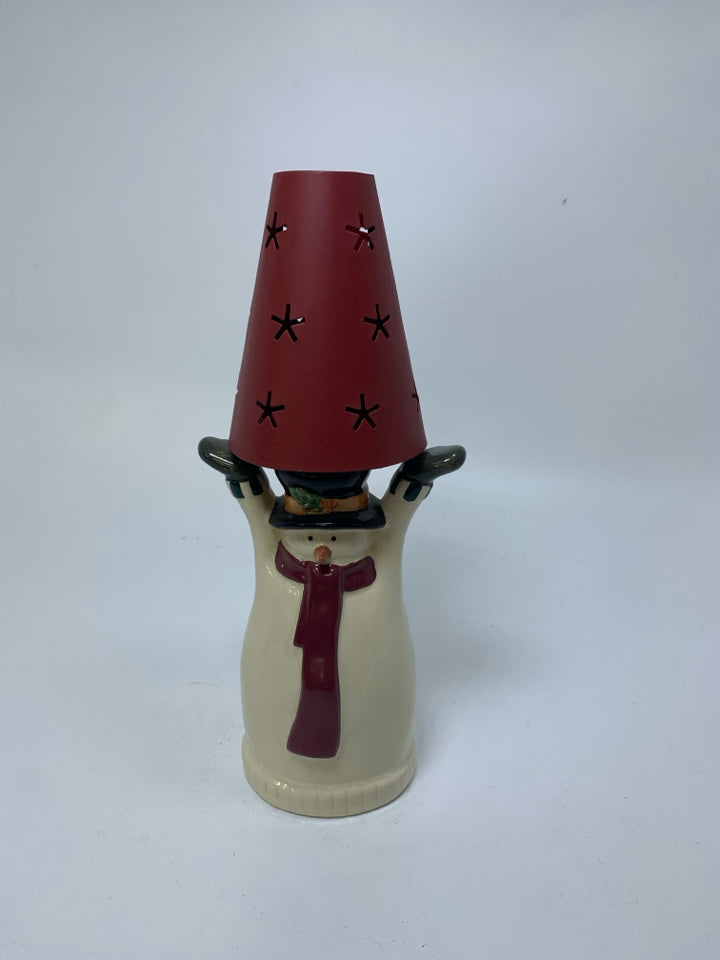 SNOWMAN HOLDING METAL HAT TEA LIGHT HOLDER.