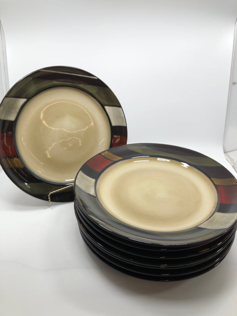 8 MESE STRIPE PFALTZGRAFF DINNER PLATES.