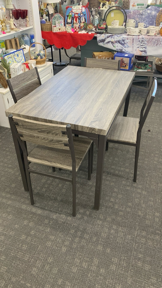 GREY AND METAL DINING TABLE W/4 CHAIRS.