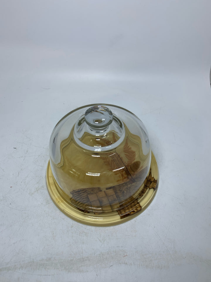 RESIN BASE W/ BASKETS & FLOWERS GLASS DOME COVER CAKE PLATE.