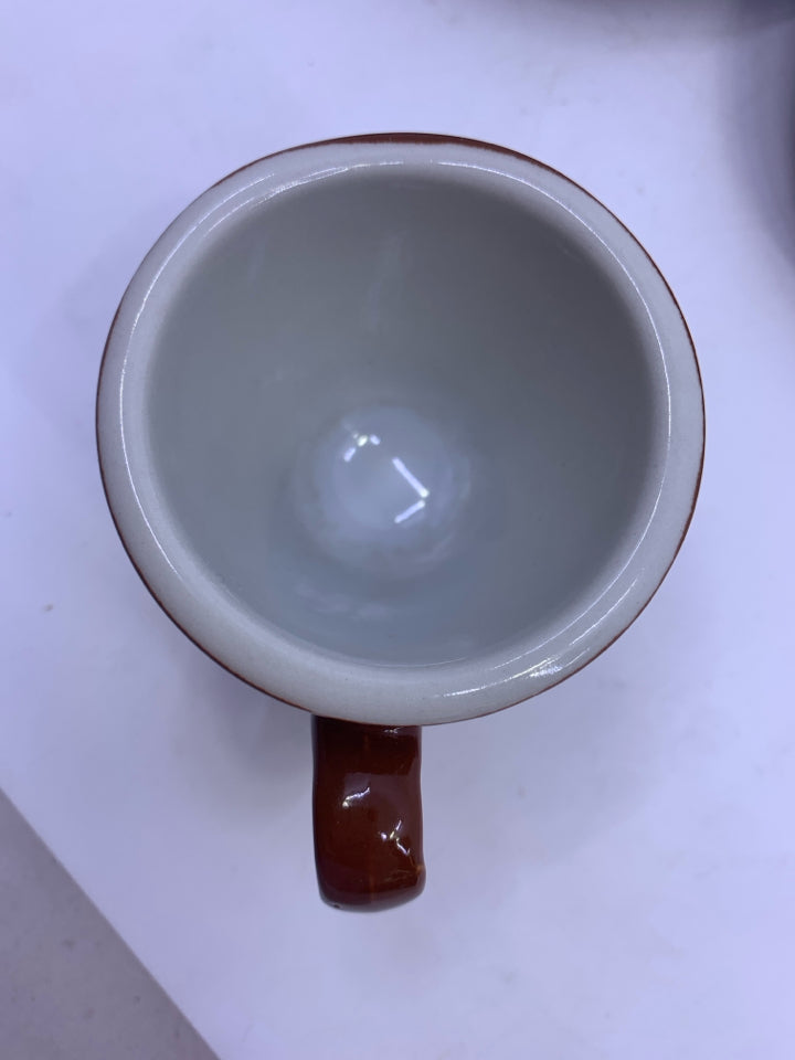 2 SMALL BROWN ESPRESSO MUGS AND SAUCER.