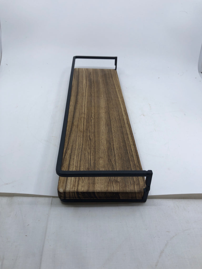 WOOD WALL SHELF W/ BLACK METAL EDGE.