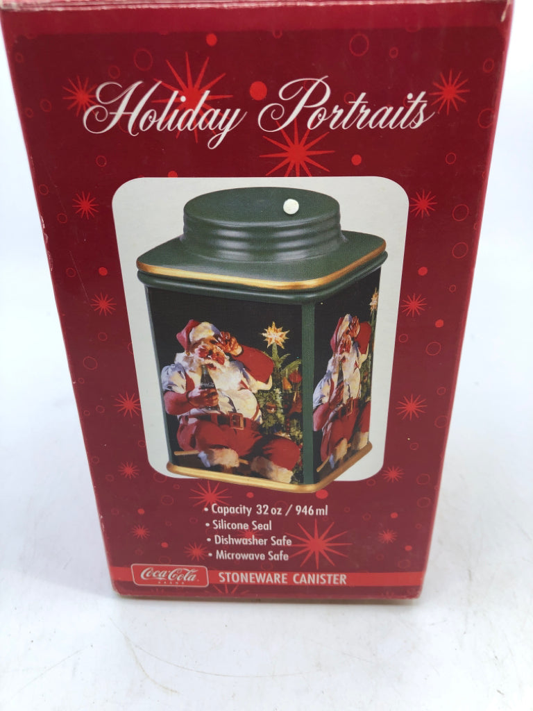 NIB GREEN SANTA COCA COLA STONEWARE CANISTER WITH LID.