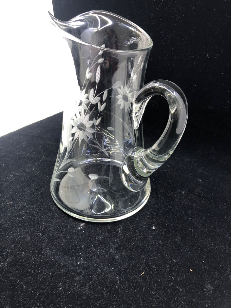 ETCHED FLORAL HEAVY GLASS PITCHER.