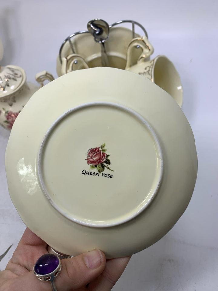 QUEEN ROSE SVC 2 10 PCS TEAPOT SUGAR CREAMER TEAPOT CUP/SAUCERS SPOONS AND STAND