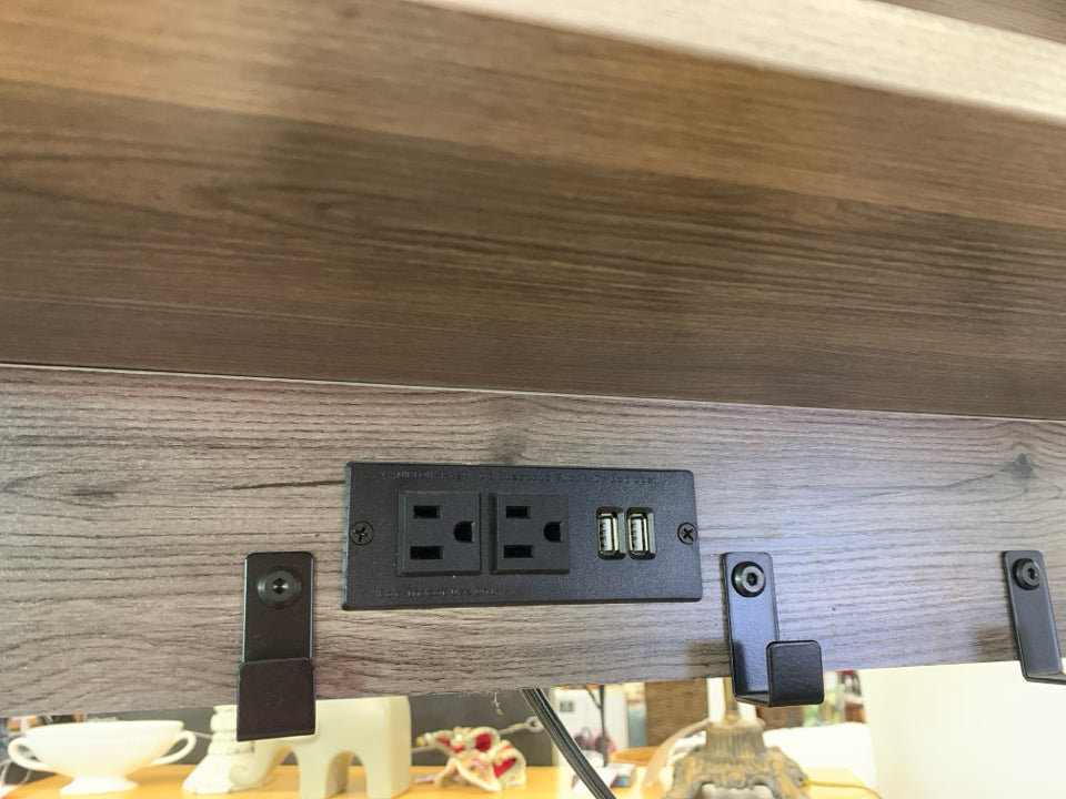 RUSTIC GREY, BLACK METAL BAKERS RACK- PLUG/USB OUTLETS.