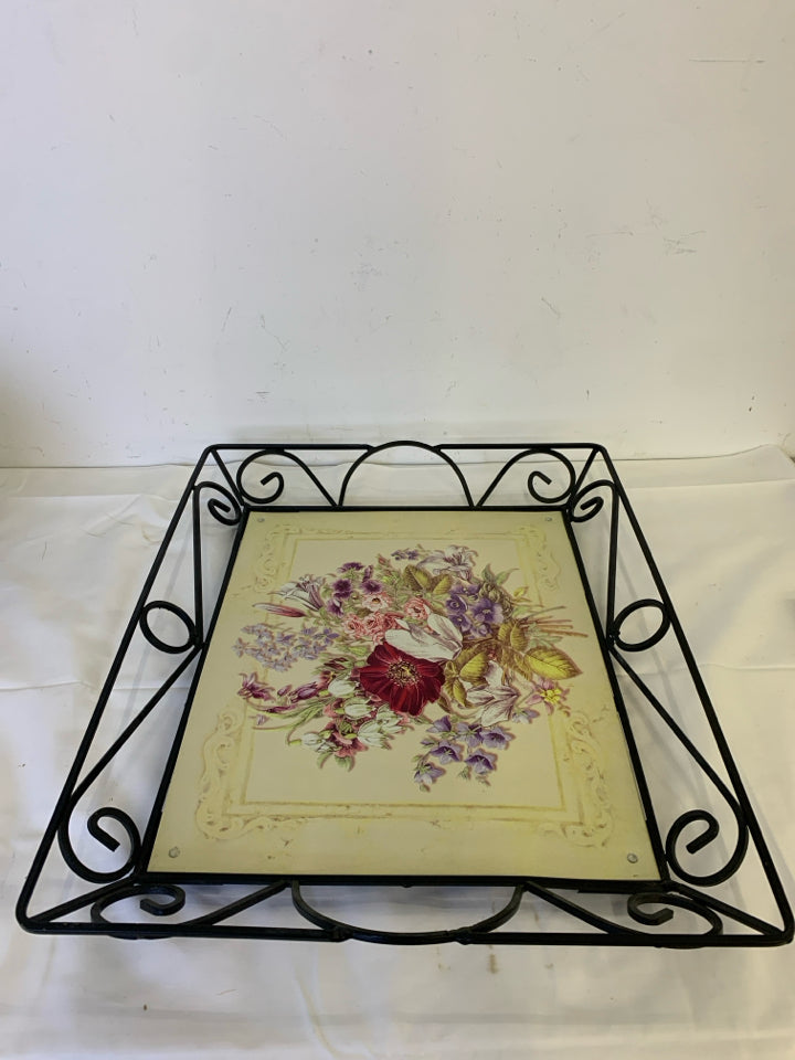 BLACK SCROLL METAL TRAY W YELLOW FLORAL INSERT.