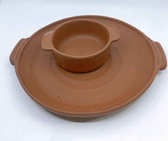 2pc TERRA COTTA CHIP +DIP BOWL SET W/ HANDLES.