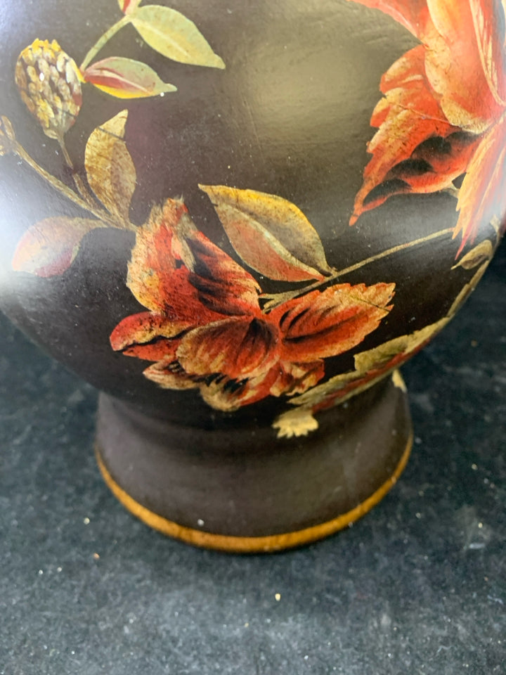 GOLD TRIM/RED PAINTED FLOWERS HEAVY BLACK VASE.