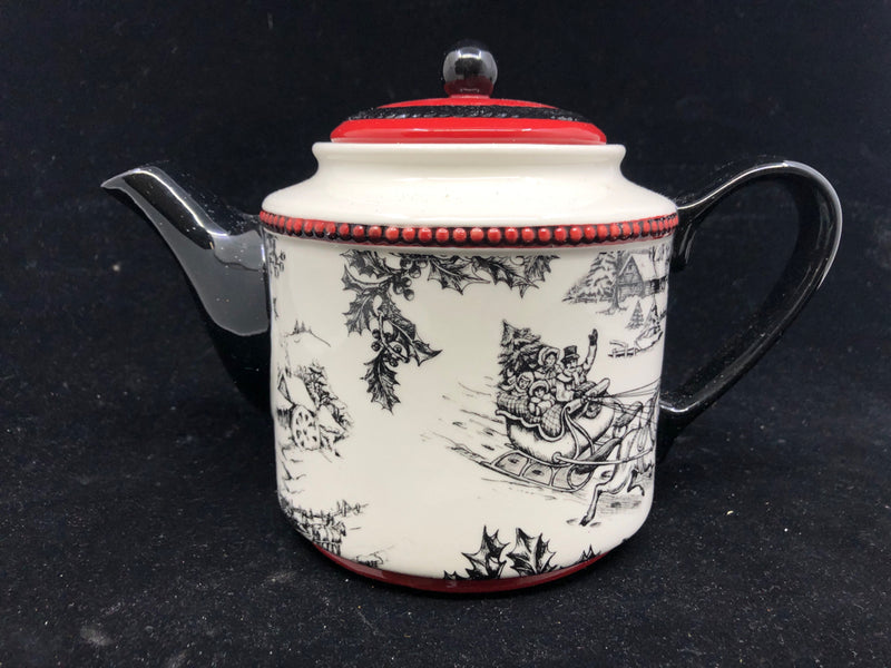 BLACK AND WHITE SLEIGH RIDE TEAPOT.