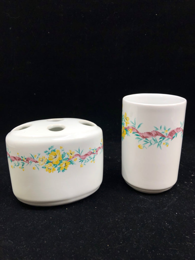 2 PC VTG YELLOW FLORAL TOOTHBRUSH HOLDER AND CUP.