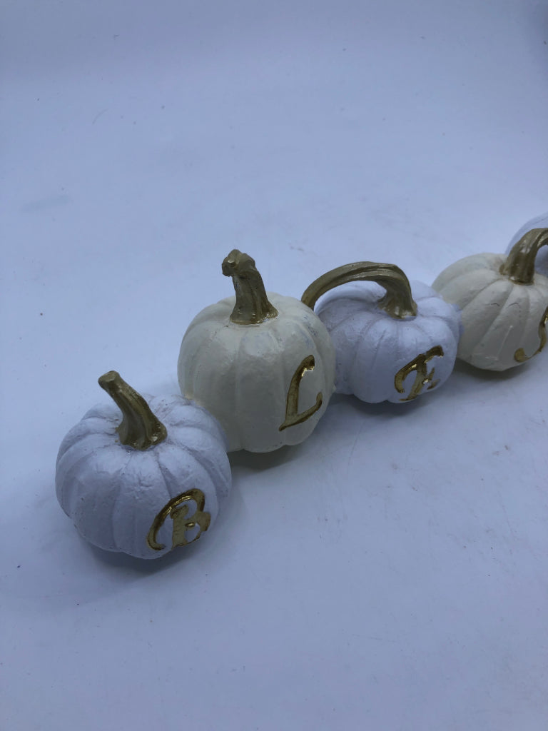 BEIGE WHITE "BLESSED" PUMPKIN DECOR.