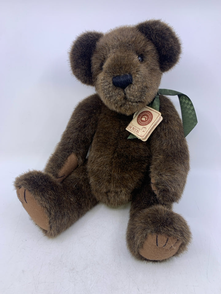 LARGE DARK BROWN BEAR W/ GREEN BOW.
