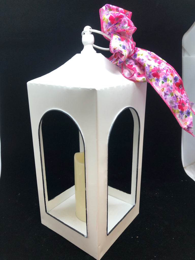 WHITE METAL LANTERN W/LED CANDLE PINK BOW.