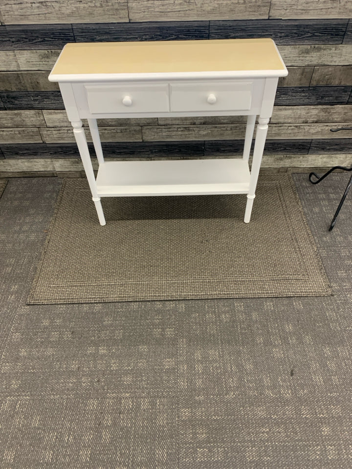 SMALL WHITE SOFA/ CONSOLE TABLE W 2 DRAWERS.