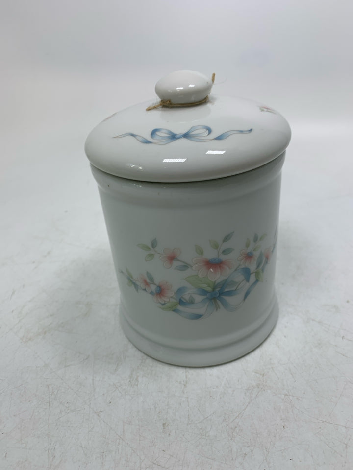 SMALL PORCELAIN CANISTER W/ PAINTED FLOWERS/BOWS.