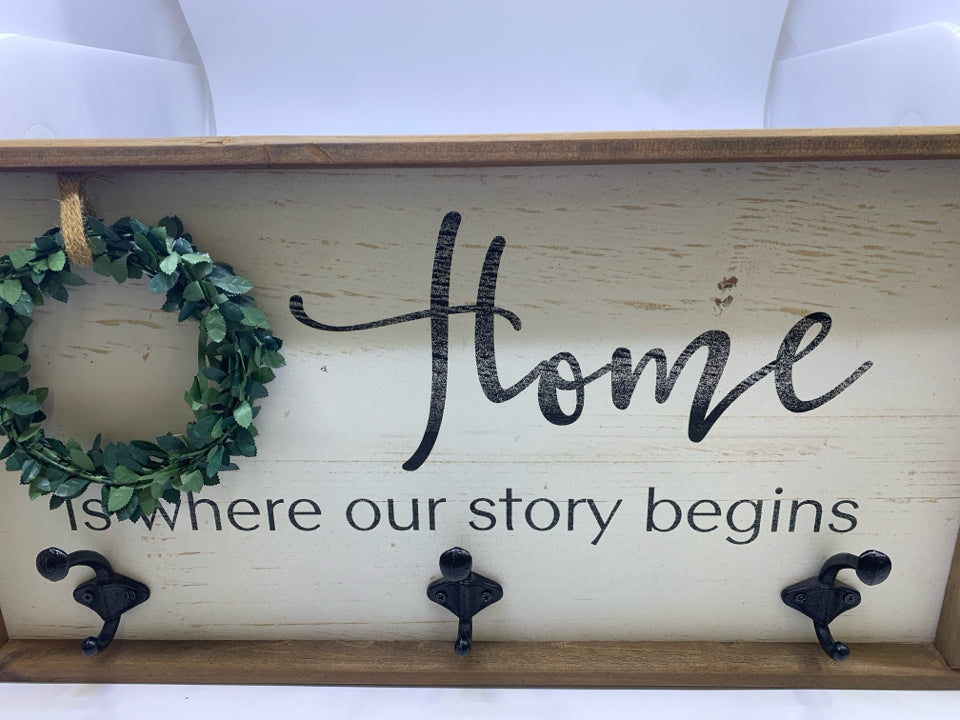 HOME IS W HOOKS WALL ART.