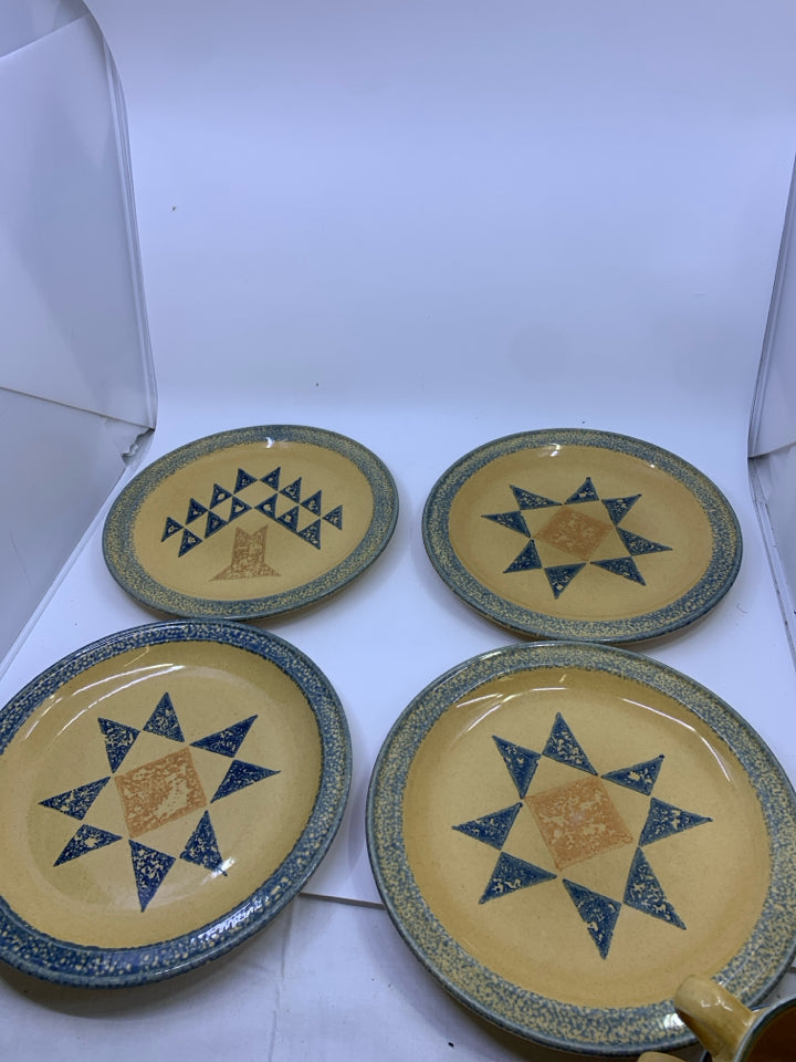 4 SPONGE QUILT PATTERN DINNER PLATES.