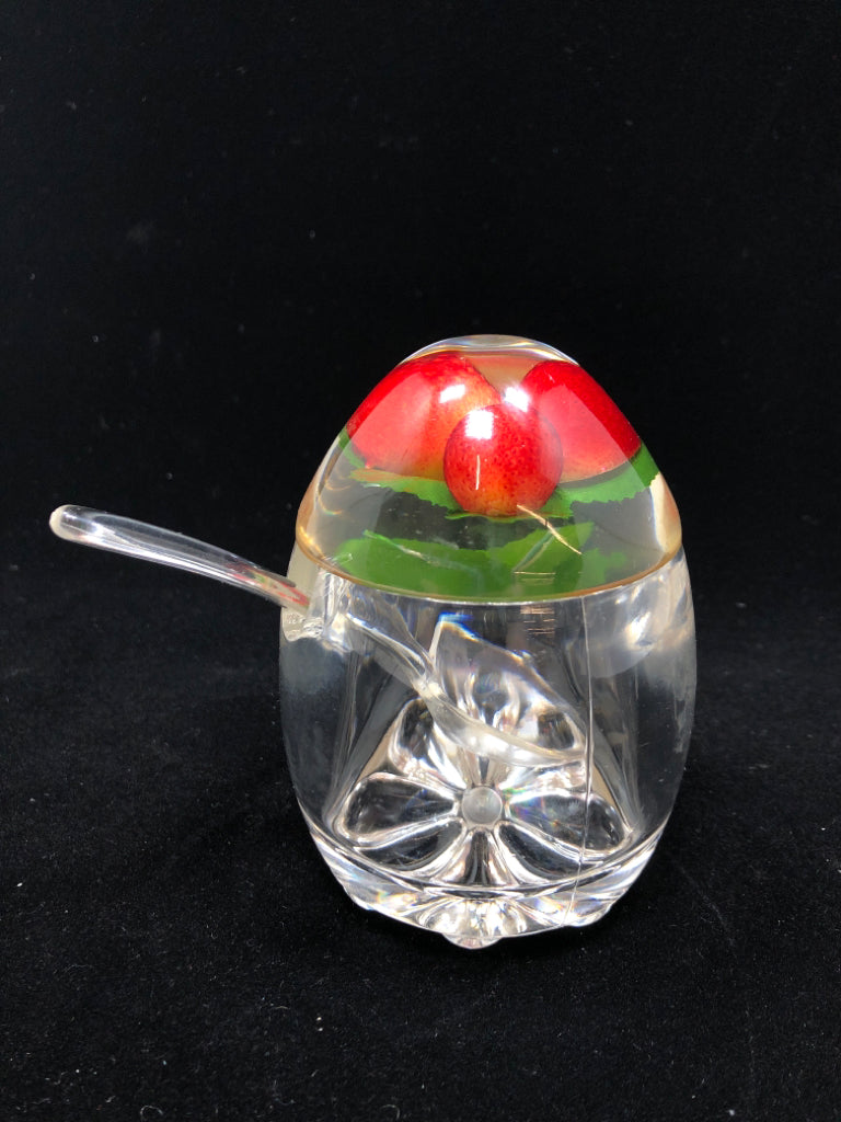 ACRYLIC JAM JAR W/STRAWBERRIES EMBEDDED LID AND SPOON.