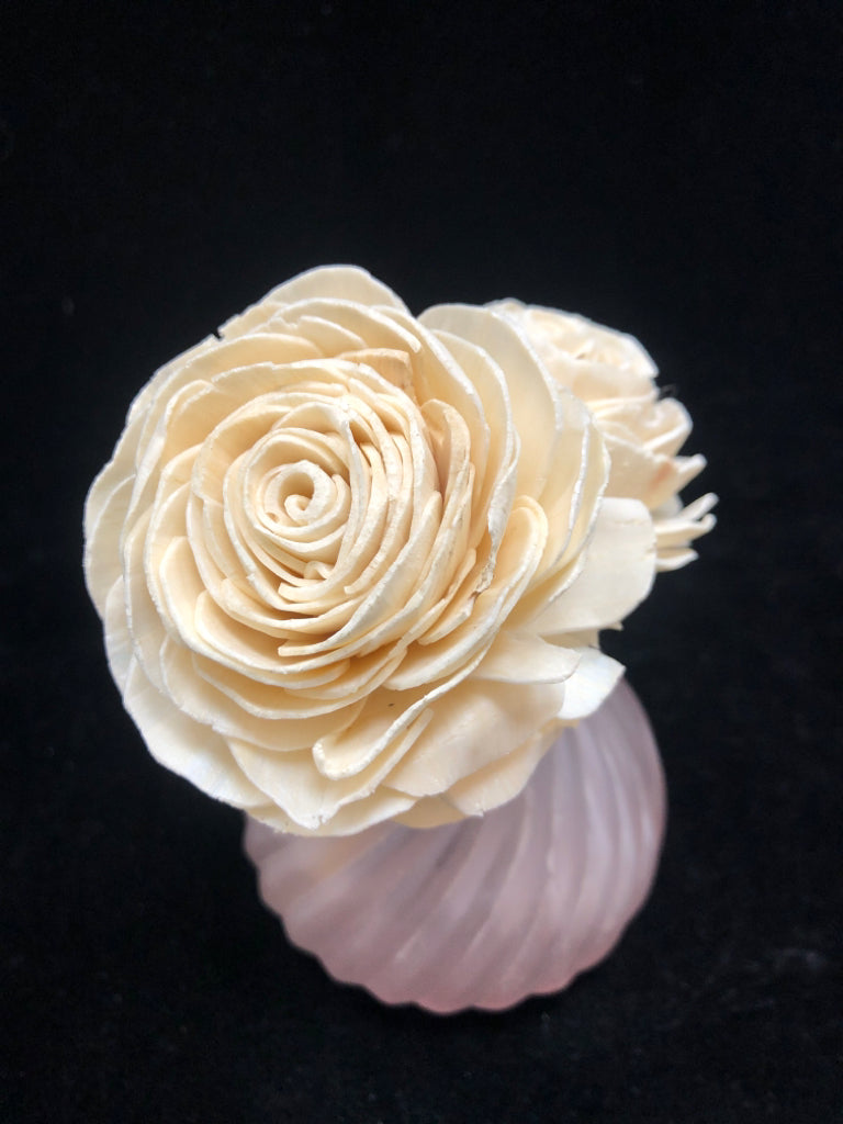 SWIRL PINK FROSTED VASE W/FOAM FLORALS.
