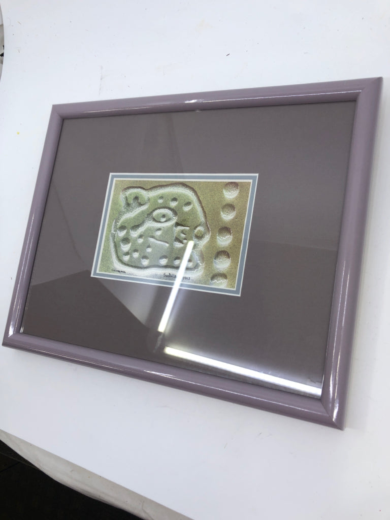 LAVENDER FRAME W/ TEXTURED MULTI-COLORED ABSTRACT DESIGN WALL ART.