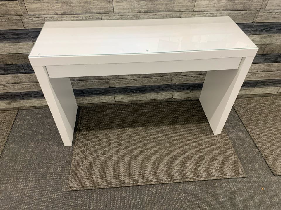 WHITE IKEA MAKEUP VANITY W/ DRAWER+ GLASS TOP.