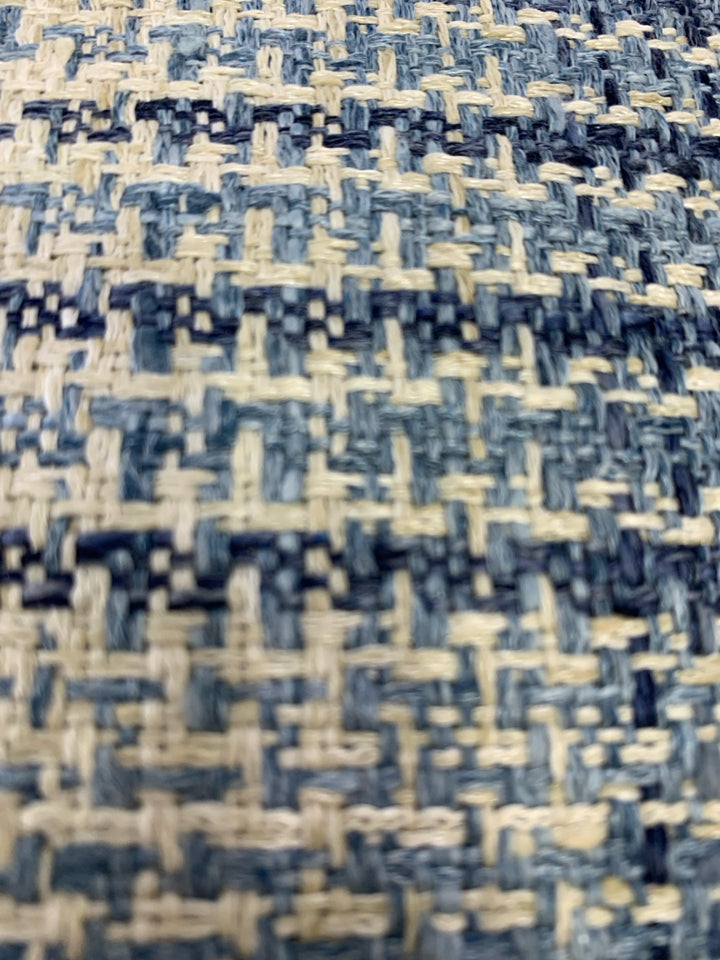 BLUE PLAID BURLAP ACCENT PILLOW.