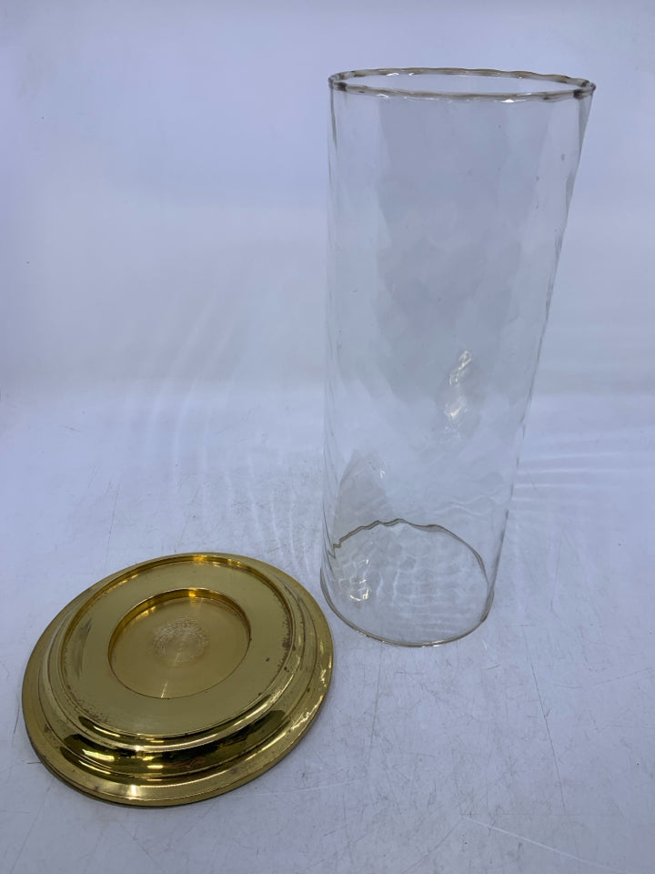 2 PC HEAVY GOLD METAL BASE W/ RIPPLE GLASS TOP PILLAR CANDLE HOLDER.