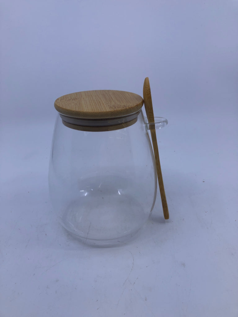 GLASS EMPTY JAR W WOOD LID AND SPOON.