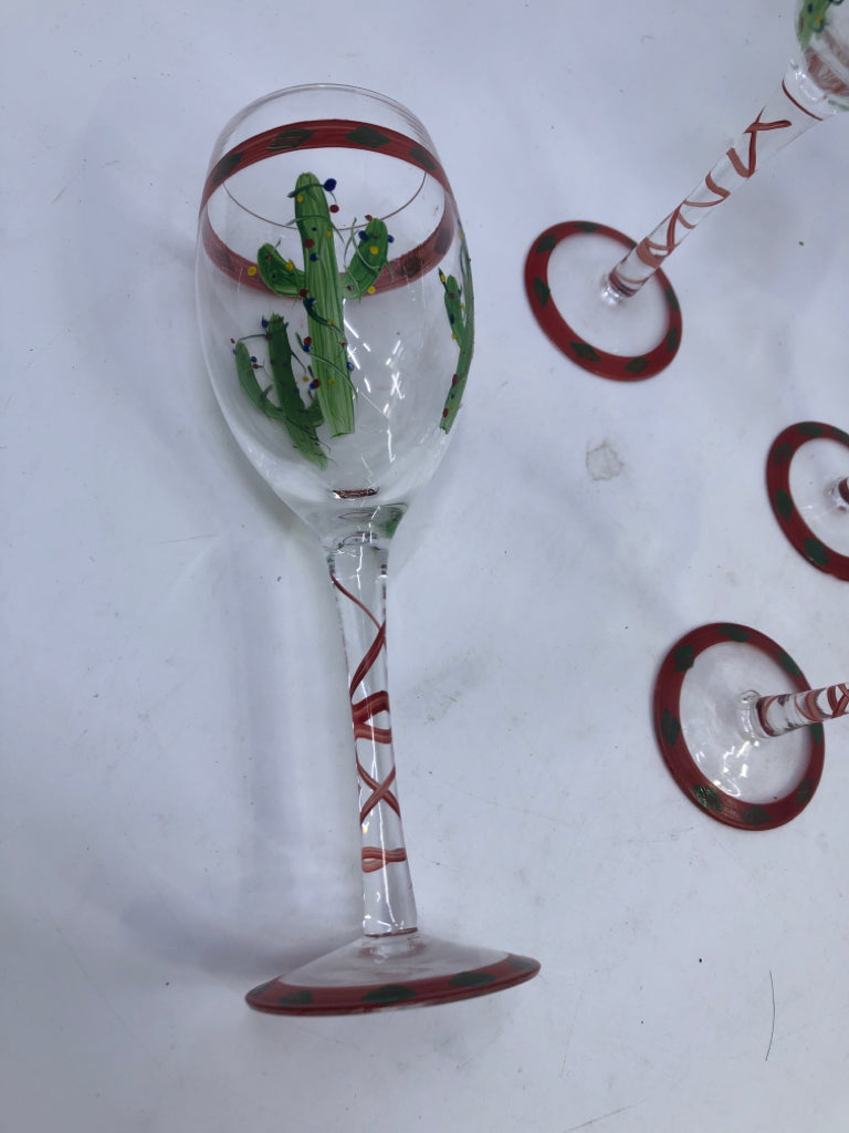 4 PAINTED CHRISTMAS CACTUS WINE GLASSES.