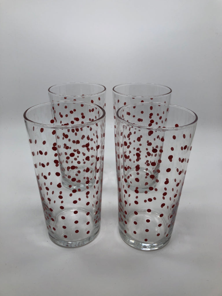 4 TALL DRINKING GLASSES RED POLKA DOTS.